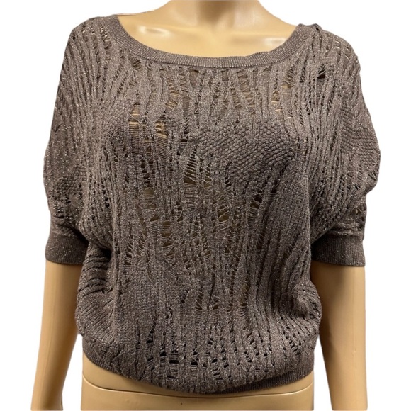 Express Brown Metallic Glitter Shimmer Knit Batwing Short Sleeve Top Womens S - Picture 3 of 12